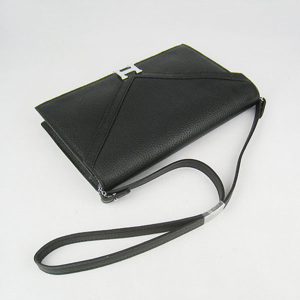 7A Hermes Togo Leather Messenger Bag Black With Silver Hardware H021 Replica - Click Image to Close